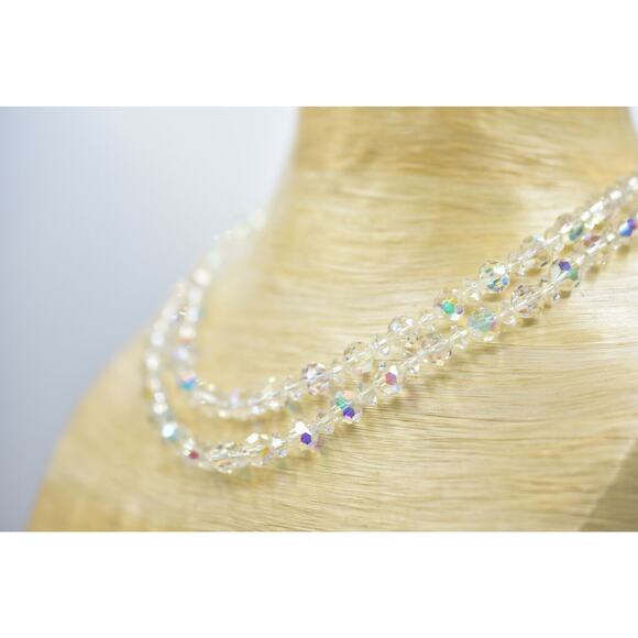 Vintage Aurora Borealis Crystal Double Strand Beaded Collar Necklace Shiny BinA - Picture 10 of 12